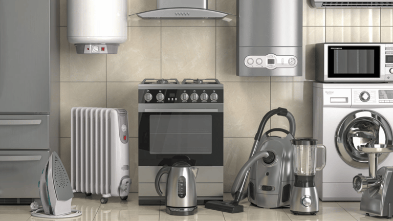 a kitchen with appliances and appliances in it