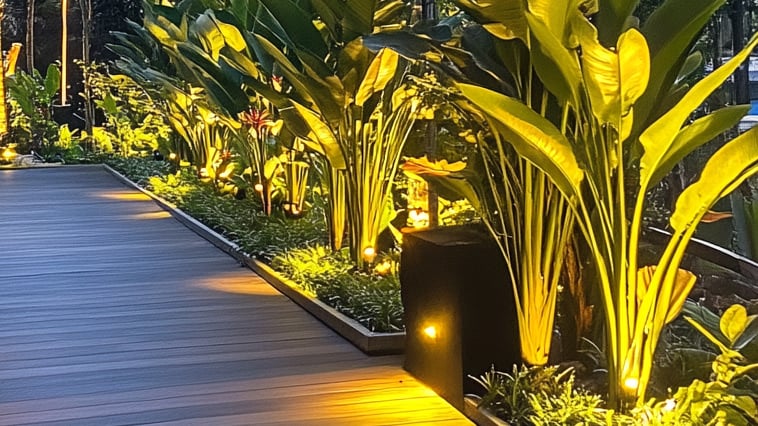 Resort style garden landscaping with outdoor lighting. Lush tropical garden in the evening.