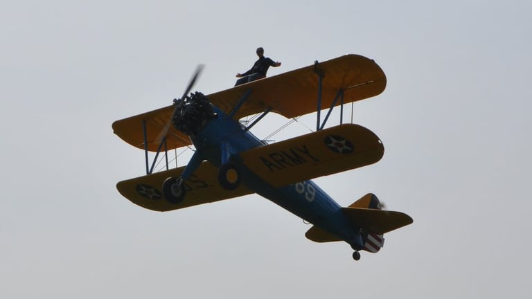 vintage Boeing Stearman biplane used for wing walking, Damyns Hall Aerodrome, London, United Kingdom