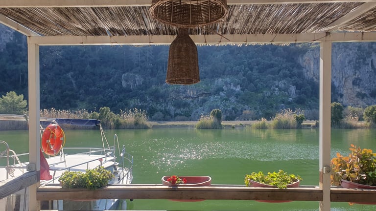 a boat ona Dalyan River, one of the best places to visit in Dalyan
