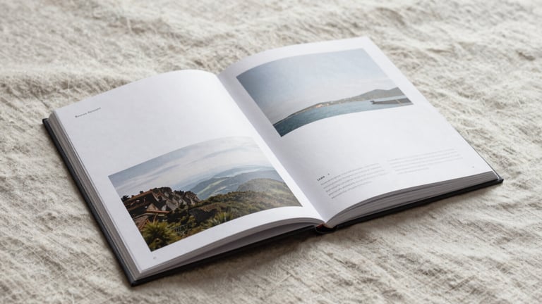 Minimalist printed travel guide book lying open on a textured linen sheet, soft overcast daylight, editorial layout style