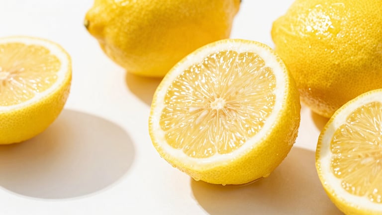 Close-up macro shot of fresh cut Eureka lemons dripping with juice on a clean white surface under bright high-key natural sunlight casting sharp happy shadows, 50mm, vibrant yellow
