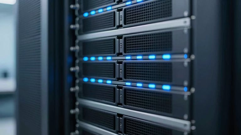 Macro close-up of a high-end server rack with cool blue indicator lights, sharp focus, clean technology lines, 35mm.