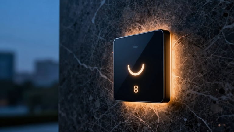 Primer plano de un elegante interruptor de pared inteligente integrado en una superficie de mármol oscuro, con un suave brillo de luz indicadora, fotografía de lujo.