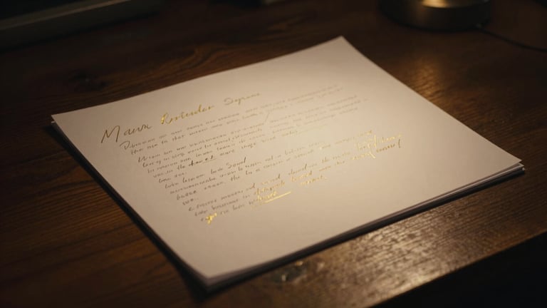 A screenplay draft lying on a dark wooden table with handwritten notes in gold ink, illuminated by a soft warm spotlight.
