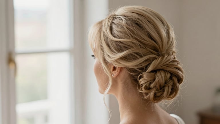 Close-up of a beautifully styled bridal updo, intricate details, professional finish, soft natural window light, elegant champagne and neutral tones, shallow depth of field, 35mm