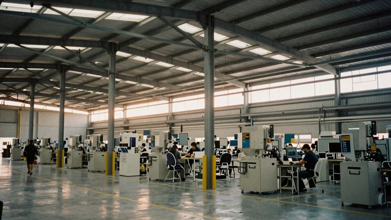 Wide environmental shot of a modern clean Australian manufacturing facility, soft golden hour sunlight filtering through high architectural steel beams, quiet and focused atmosphere, medium format look.