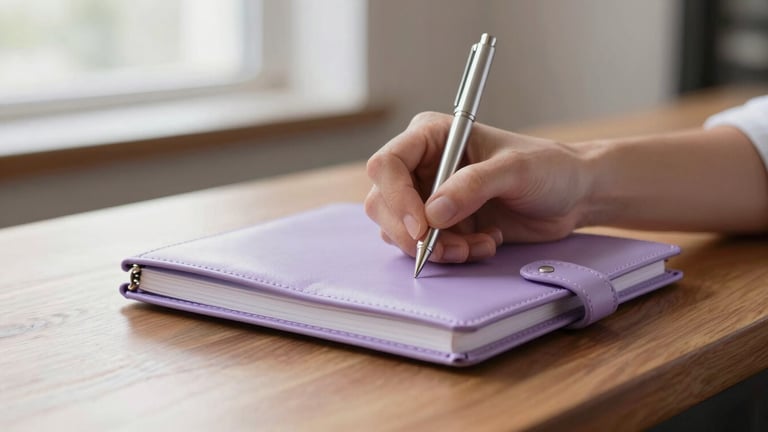 Close-up of hands writing in a lavender leather journal at a beautifully styled wooden bar, soft morning light, shallow depth of field.