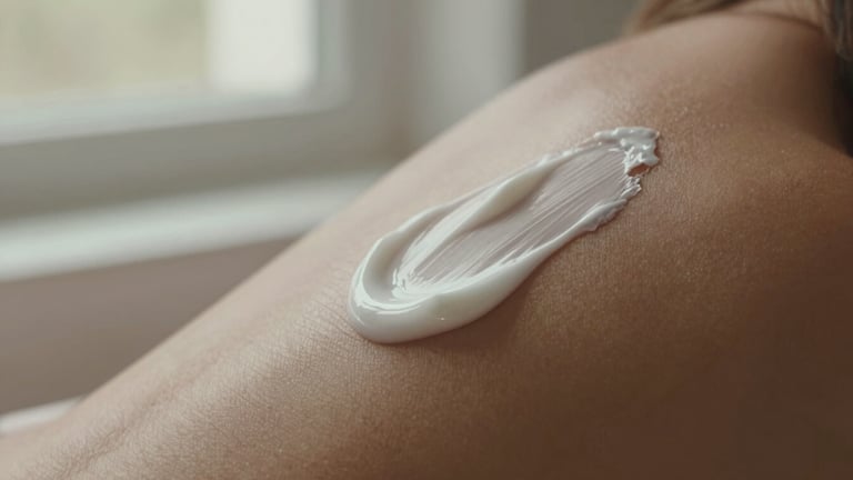 Tactile macro shot of rich cream lotion being smoothed onto warm skin under soft afternoon window light, 35mm