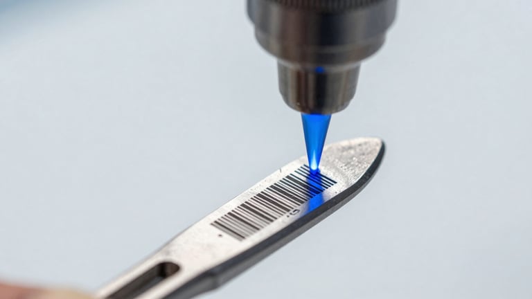 Macro close-up of a surgical steel scalpel being etched with a high-contrast matrix barcode by a precise blue laser beam, clean clinical lighting, sharp focus on the micro-level metallic grain.