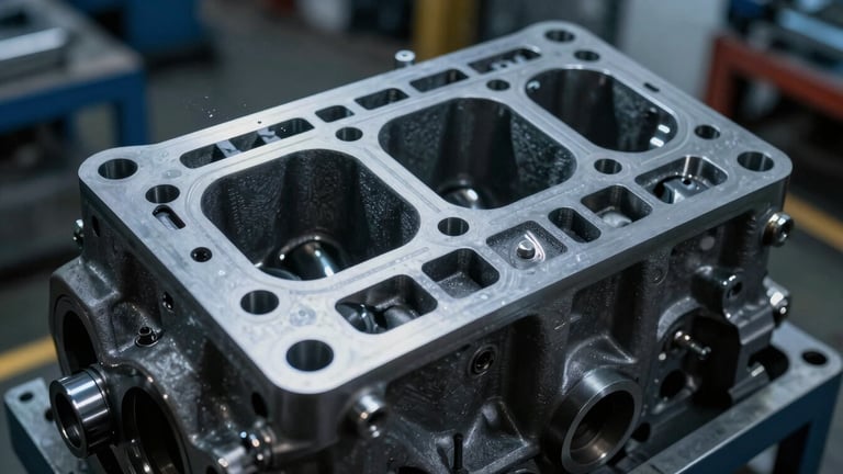 Macro photograph of a heavy-duty cast iron automotive engine block with a freshly laser-etched serial number glowing faintly, cool industrial assembly line background, dramatic low-key lighting.