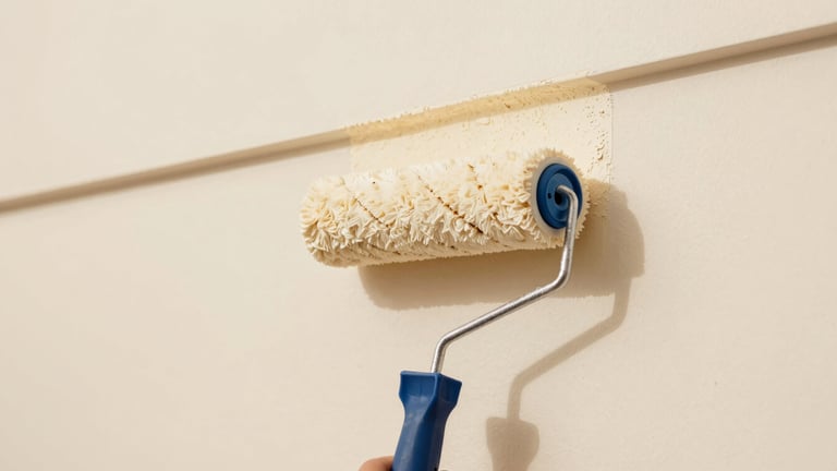 Close-up of a pristine paint roller applying warm cream paint to a smooth wall, perfect clean-cut lines, bright natural daylight, minimalist architectural detail