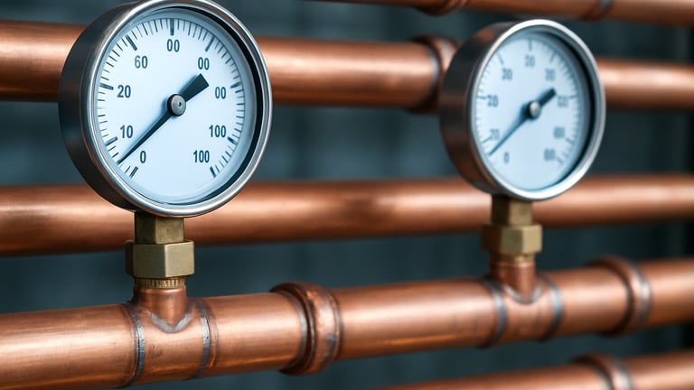 Macro close-up of neatly aligned copper gas pipes with clean welds, technical pressure gauges showing correct levels, bright natural work-light, 50mm focus