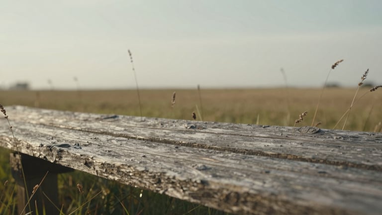 Close-up of weathered prairie wood and wild grasses, soft overcast daylight, shallow depth of field, minimalist natural texture.