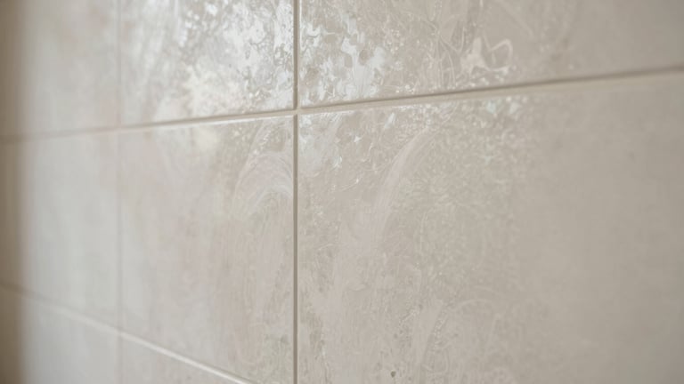 Close-up of a polished venetian plaster wall, subtle bone-white reflections, elegant and smooth architectural finish.