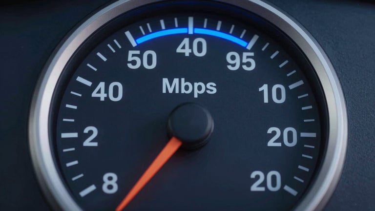 Isometric 3D render of a circular speed gauge with a bright blue arc indicator on a dark navy background, large bold numerals at center showing Mbps value, clean technical UI aesthetic, sharp edges, no text or labels
