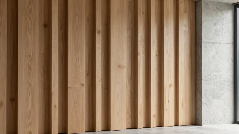 Architectural detail of a floor-to-ceiling wooden wall panel integration, perfectly flush with a concrete wall, soft natural daylight casting gentle shadows.