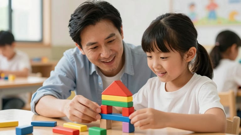 A close-up of a mentor guiding a young student through a colorful wooden building block project in a bright community center, warm daylight
