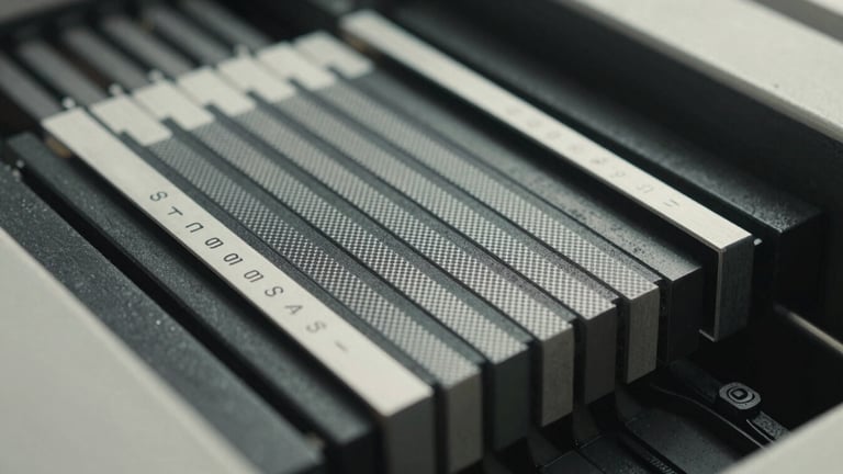 Extreme close-up of a printing press colour separation bar with registration marks, halftone dot pattern visible under bright north-facing daylight, flat documentary framing, ink-black press surface