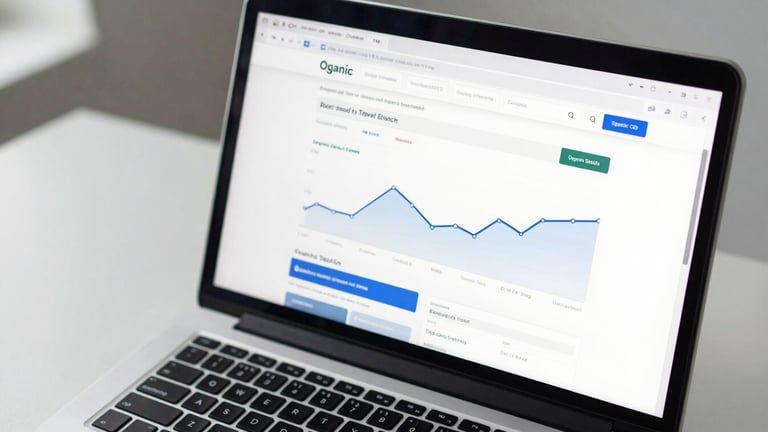 Close-up overhead of a laptop screen displaying a website analytics dashboard with organic search traffic curves, clean white desk surface, cool studio daylight from the left, keyboard partially visible at bottom edge