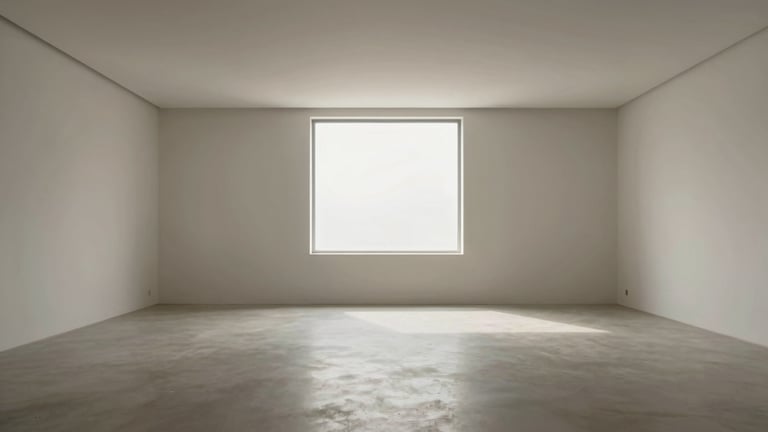 Wide panoramic of a minimalist, empty architectural space with a single window, soft diffused daylight, and clean structural lines. Off-center subject, low horizon.