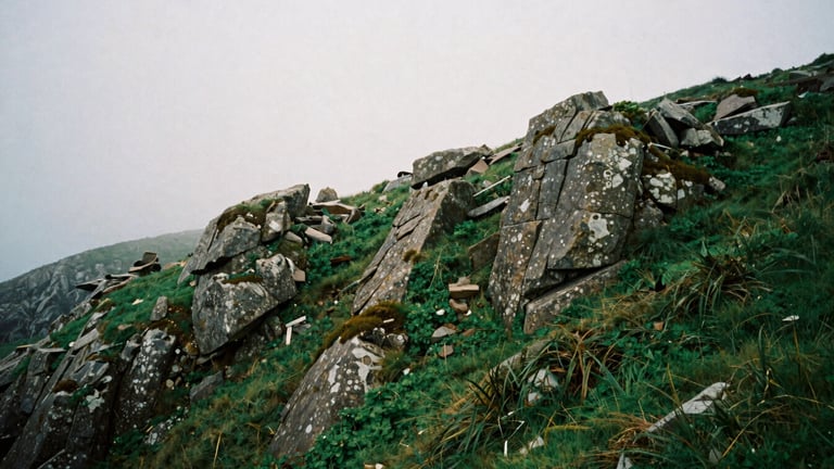 moody coastal photography, soft overcast daylight, deep green and granite tones, misty Galician landscape, 35mm film