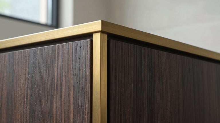 Extreme close-up of a flawless material transition between dark oak cladding and a brushed brass structural line, bright natural daylight, sharp focus, macro architectural photography