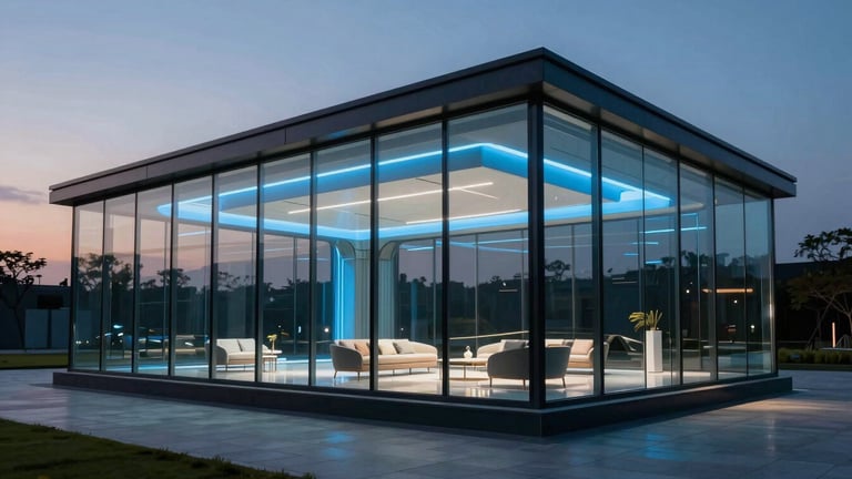 Cinematic wide-angle architectural render of a futuristic glass pavilion at dusk, sharp cyber-blue interior lighting, dark obsidian reflections, 21:9 aspect ratio.