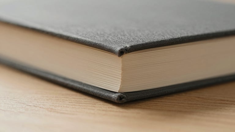 Macro photograph of a minimalist book spine, textured charcoal fabric cover, exposed binding details, resting on a light oak surface, soft morning side-light, shallow depth of field