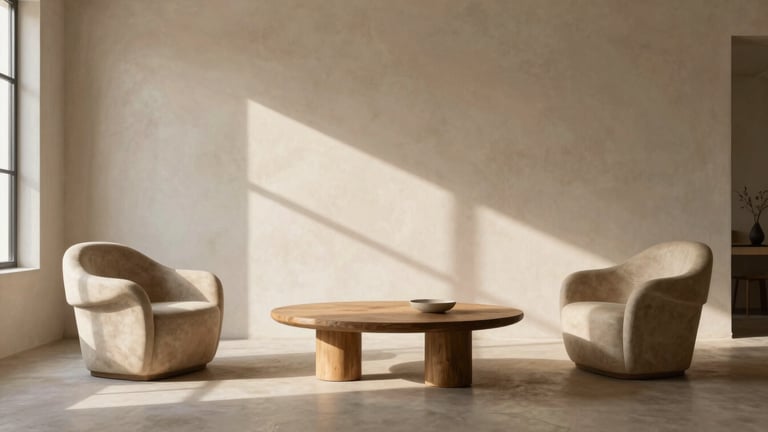 Wide environmental interior shot of a minimalist living room with a limewash wall, soft natural window light casting long architectural shadows, sculptural furniture, warm organic materials.