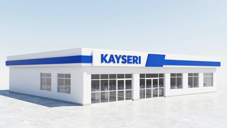 Wide aerial shot of a modern, clean dry cleaning facility in Kayseri, Turkey, with clear signage and accessible entrance, bright daylight, high-key, sharp focus.