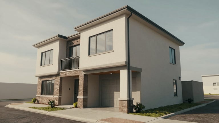 3D rendered perspective view of a 2-story duplex residential building from street level, oblique angle showing building corner, driveway entry, and adjacent sidewalk, neutral daylight, no people, no landscaping staging, massing study quality
