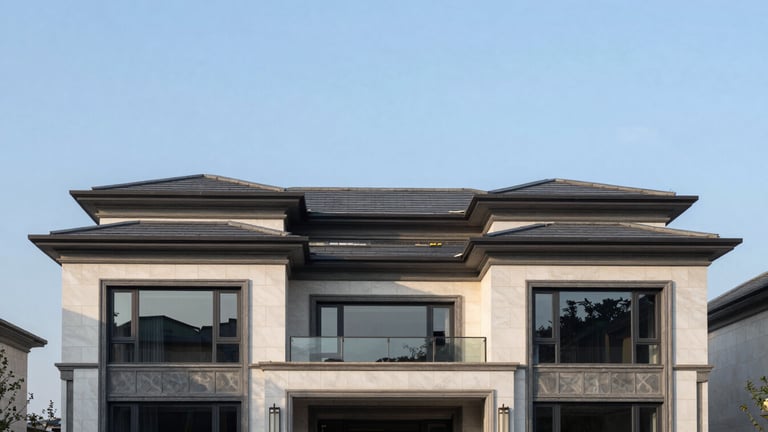 Wide panoramic architectural shot of a completed luxury estate facade at golden hour, clean lines, slate gray and white finishes, expansive sky