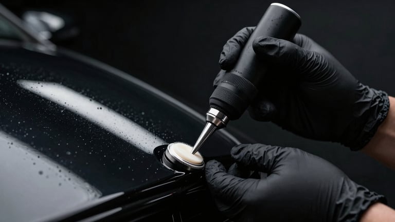 Dramatic automotive photography, high-contrast LED studio lighting, close-up of a technician in black nitrile gloves applying ceramic coating in a sterile dark bay, sharp reflections, 35mm