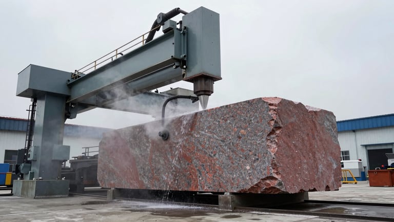 Low-angle wide shot of a massive gantry saw machine slicing a colossal block of red-gray granite, water mist rising, industrial concrete workshop, cold overcast daylight.