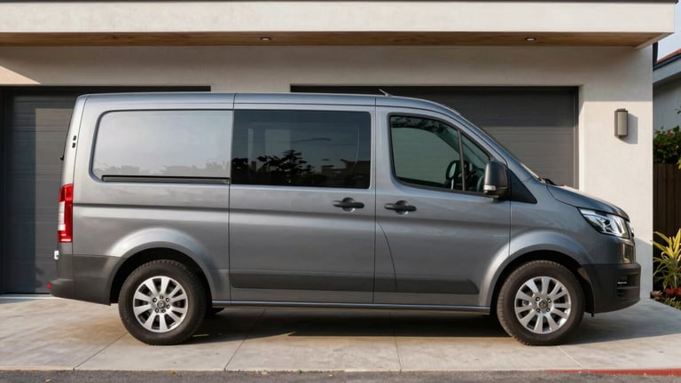 A clean, modern grey service van parked in front of a contemporary home, soft morning side-light, brushed metal details, professional architectural framing, 50mm lens