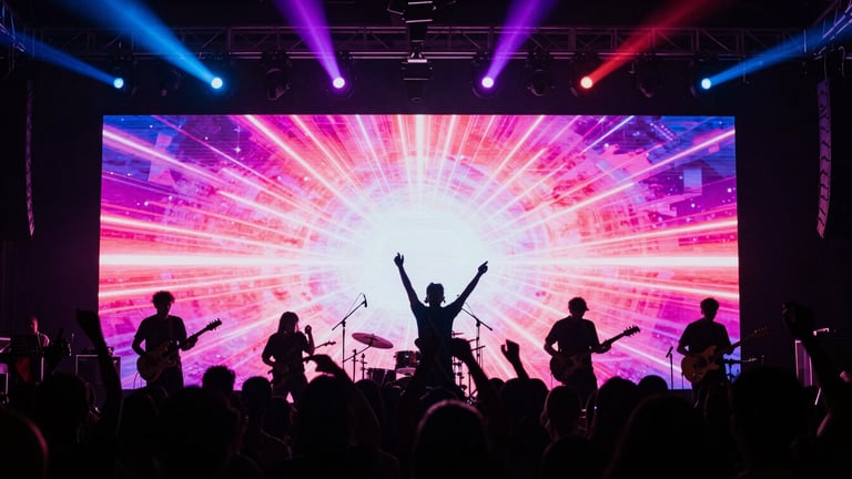 Low-angle cinematic shot of a live band performing on a stage with a massive LED screen, dramatic neon backlighting, crowd dancing in silhouette, 35mm lens