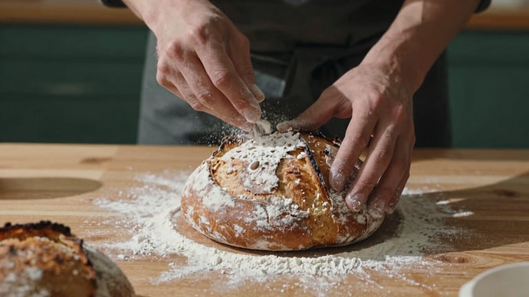 Moody close-up of a chef's hands dusting flour over freshly baked sourdough bread on a wooden table, soft Scandinavian daylight casting long shadows, 35mm photography