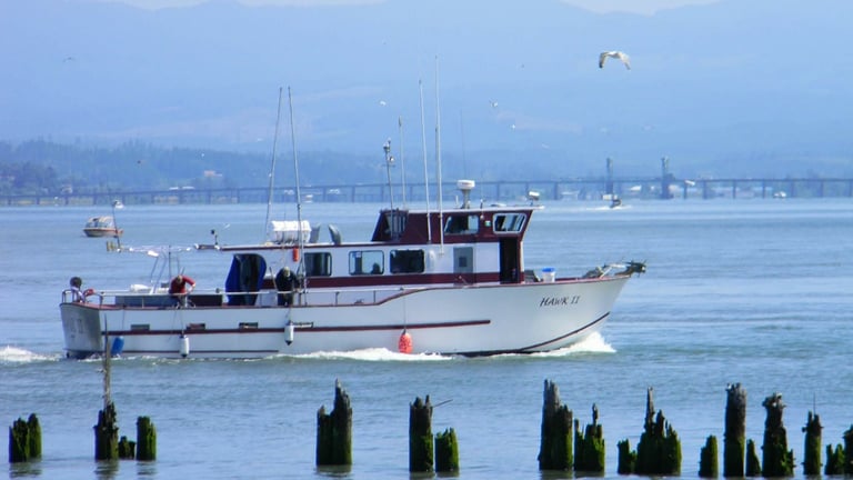 Fishing boat traveling on calm water near a bridge with pilings in the foreground