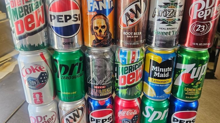 Various soda flavors to choose from, stacked together