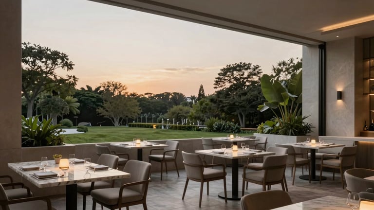 Elegant outdoor seating of a high-end restaurant in Jardins, minimalist design with marble tables, lush green surroundings, soft twilight lighting, cinematic architectural framing.