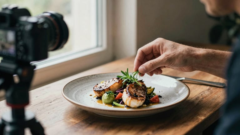 Behind the scenes of a food photography shoot, natural window light, a camera on a tripod focusing on a beautifully styled rustic plate, hands placing a herb garnish, 35mm film