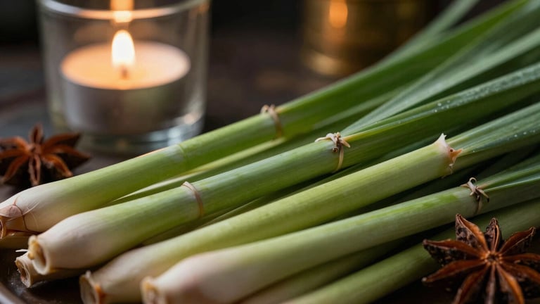 Extreme close-up macro shot of vibrant green lemongrass stalks alongside exotic dried spices, soft moonlight filtering through glass panes, shallow depth of field, 35mm