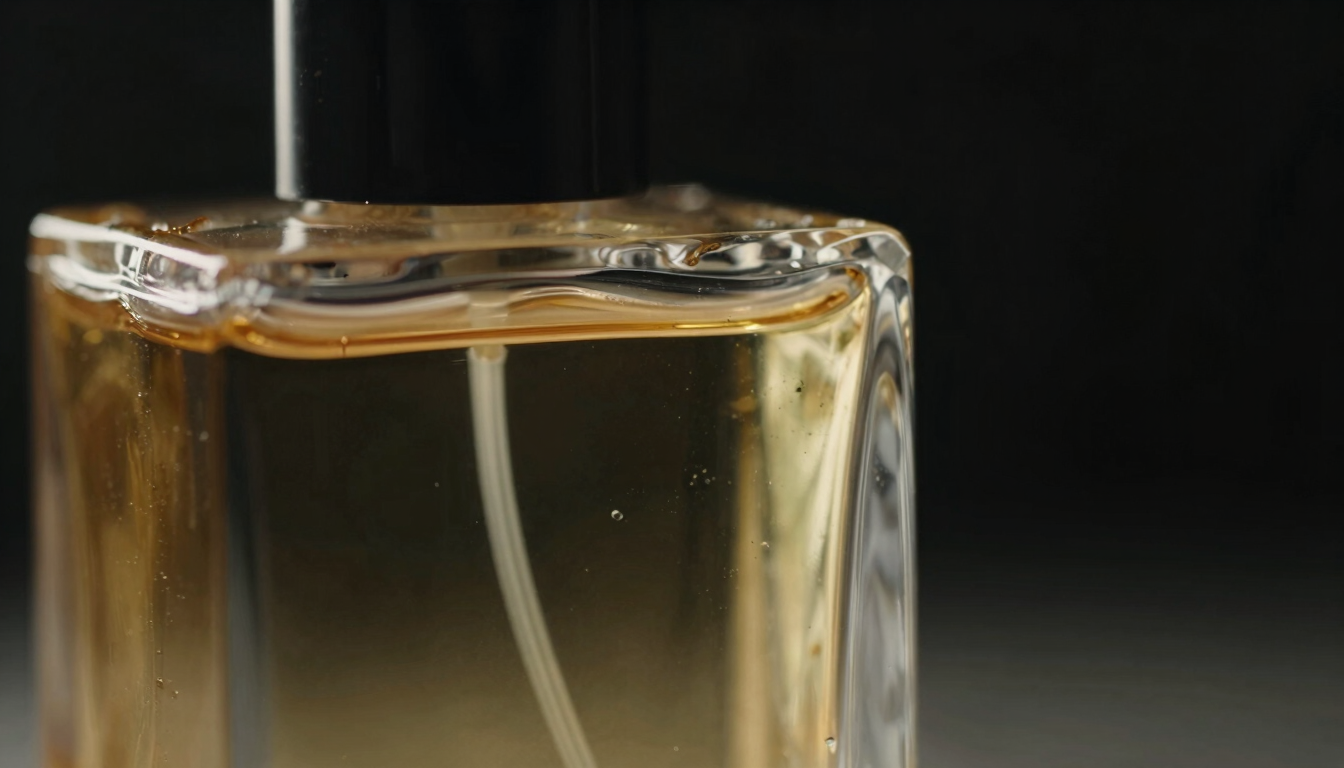 Macro close-up of a sleek glass perfume bottle reflecting low-key golden light, deep black background, shallow depth of field, luxury product photography
