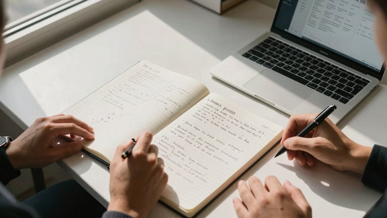 Wide-angle overhead shot of a strategy session in progress — a large open notebook with handwritten notes beside a laptop showing a social media calendar, natural window light falling across the desk surface, two sets of hands visible mid-annotation