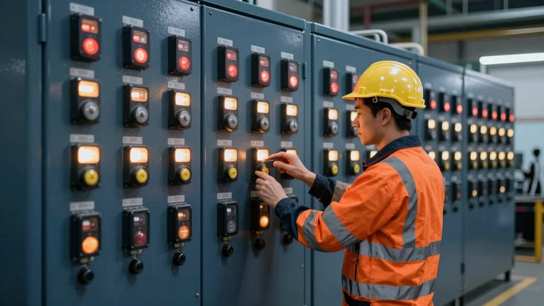Industrial engineer in high-visibility safety gear inspecting a massive transfer switch, cool daylight mixed with warm indicator lights, sharp focus