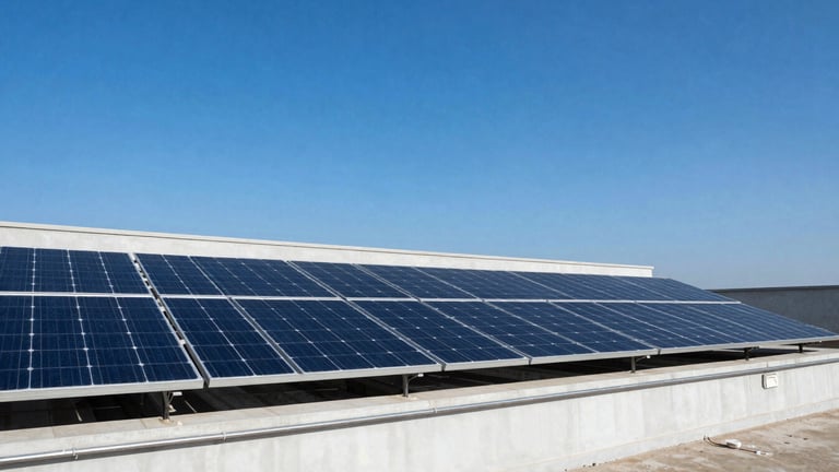 Crisp architectural photography of a commercial rooftop solar array in Lucknow, bright direct sunlight, deep blue sky, sharp focus