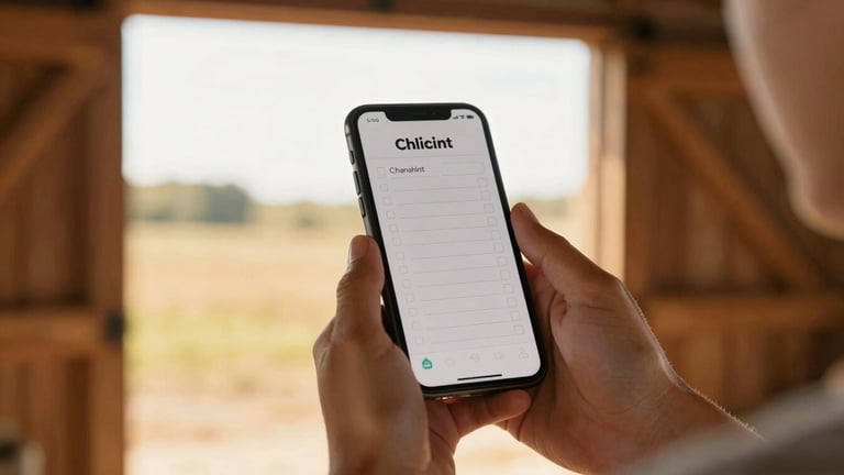 Close-up of hands holding a mobile device showing a clean barn chore checklist, warm golden-hour daylight filtering through open wooden barn doors, shallow depth of field, 35mm