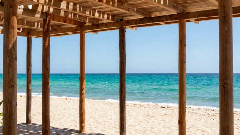 Close-up of sustainable architectural wooden structures and glass overlooking a pristine turquoise ocean, bright natural coastal sunlight