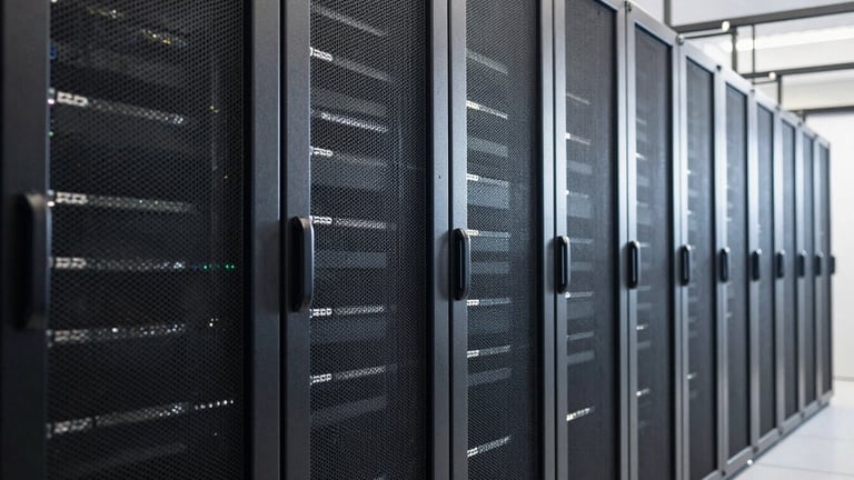 Wide, scale-revealing shot of high-density server racks in a cold-lit data center, perspective lines leading to the right, high-contrast side-lighting.